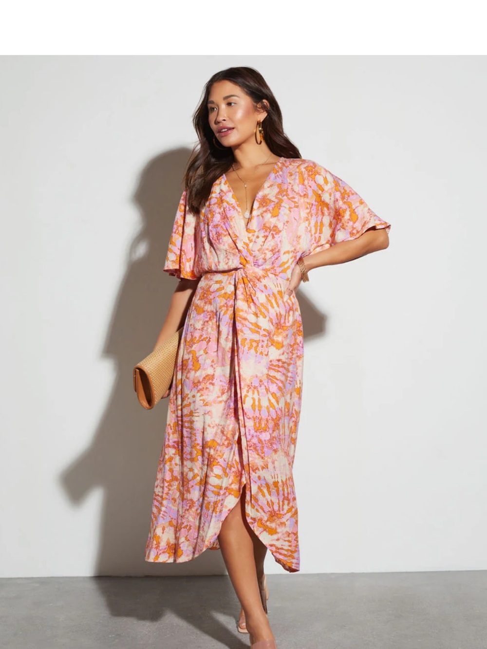 Vici Pink and Orange Twist Front Midi Dress
